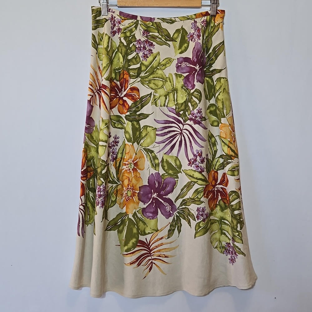 Vintage Talbots Silk Linen Blend Midi Skirt Floral A-Line Petite Size 8 Coastal